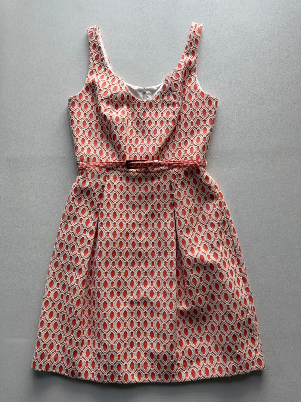 Trina Turk Women's Coral Cream Geometric Jacquard Belted Sleeveless Dress Size 6